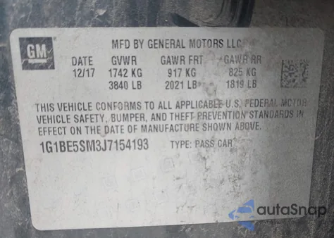 2018 Chevrolet Cruze Lt Auto z USA, uszkodzony, nr VIN 1G1BE5SM3J7154193